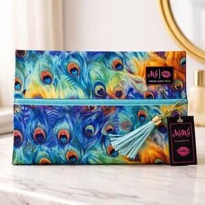 Makeup Junkie Bags Peacock Feather Foldover Clutch - NWT Blue Teal Turquoise